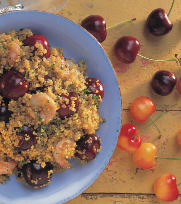 Quinoa with prawns and cherries
